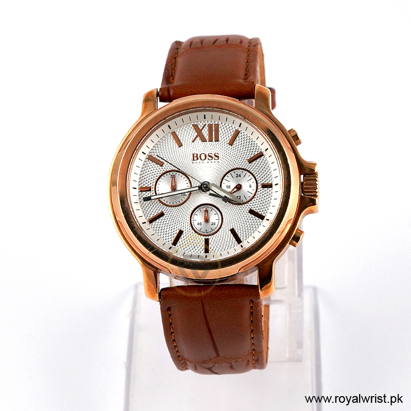 Hugo Boss Men’s Quartz Brown Leather Strap Silver Sunray Dial 42mm Watch 1502214/12 (Like New)