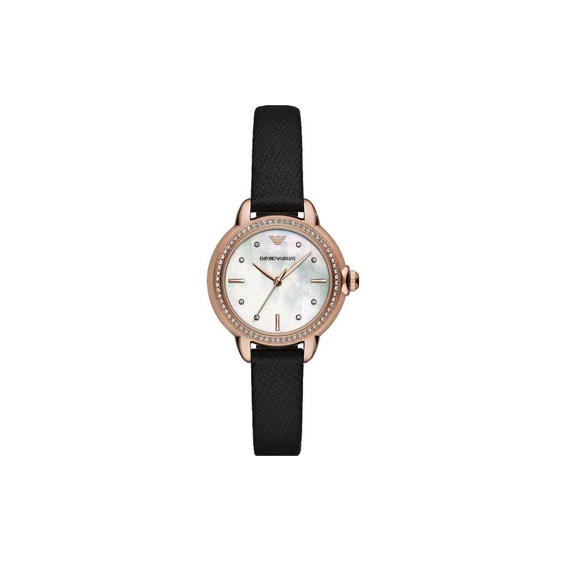Emporio Armani Women’s Quartz Rose Gold Stainless Steel Mother of Pearl Dial 32mm Black Leather Watch AR11598
