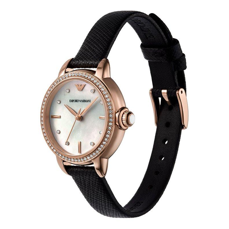 Emporio Armani Women’s Quartz Rose Gold Stainless Steel Mother of Pearl Dial 32mm Black Leather Watch AR11598 - Image 2
