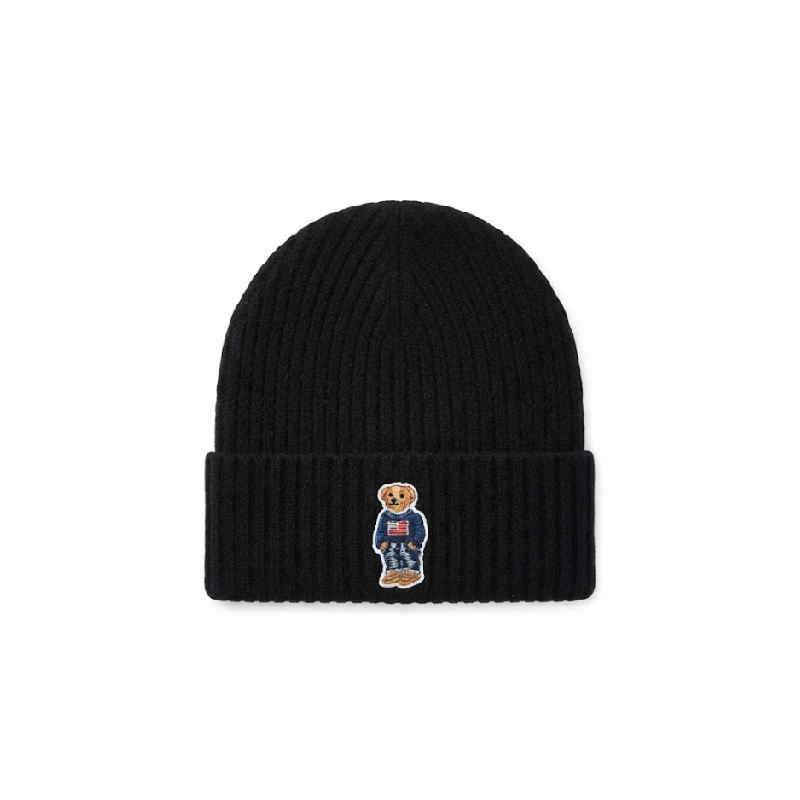 Ralph Lauren Polo Classic Unisex Black Ribbed Knit Beanie with Polo Bear Patch 449P06568004/2
