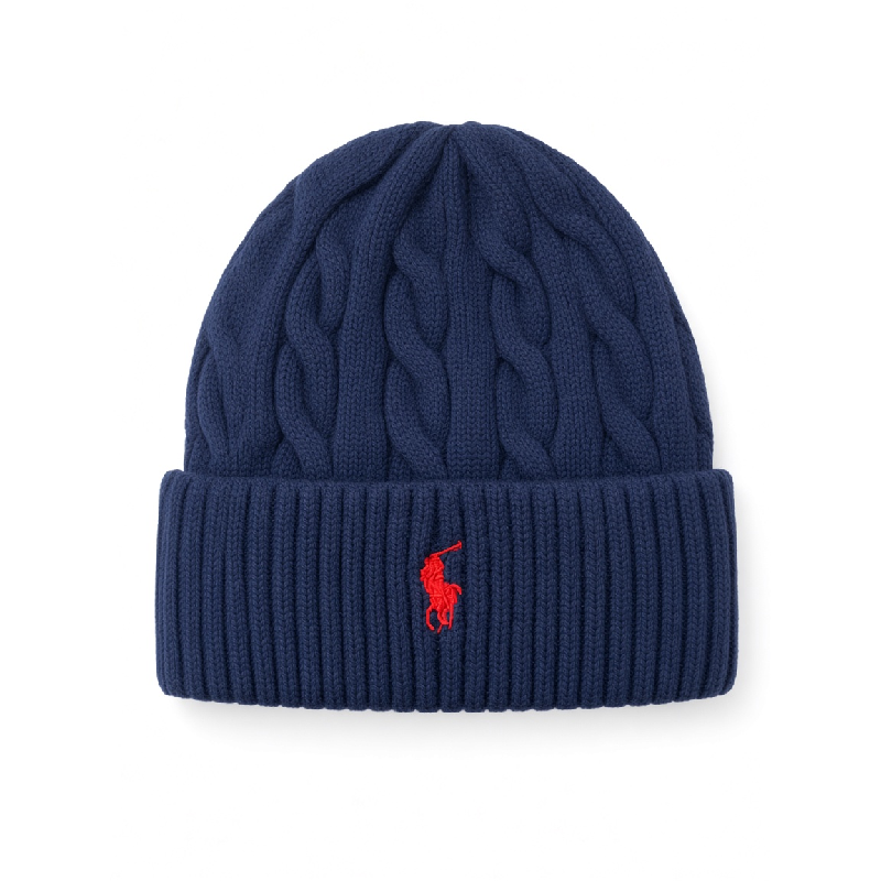 Ralph Lauren Classic Cable-Knit Navy Blue Beanie with Red Pony Embroidery 100098060/1