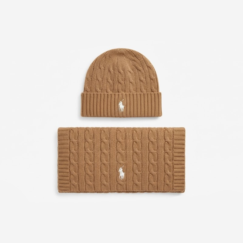 Polo Ralph Lauren Classic Cable-Knit Beanie and Scarf Matching Set Camel Brown 100033102