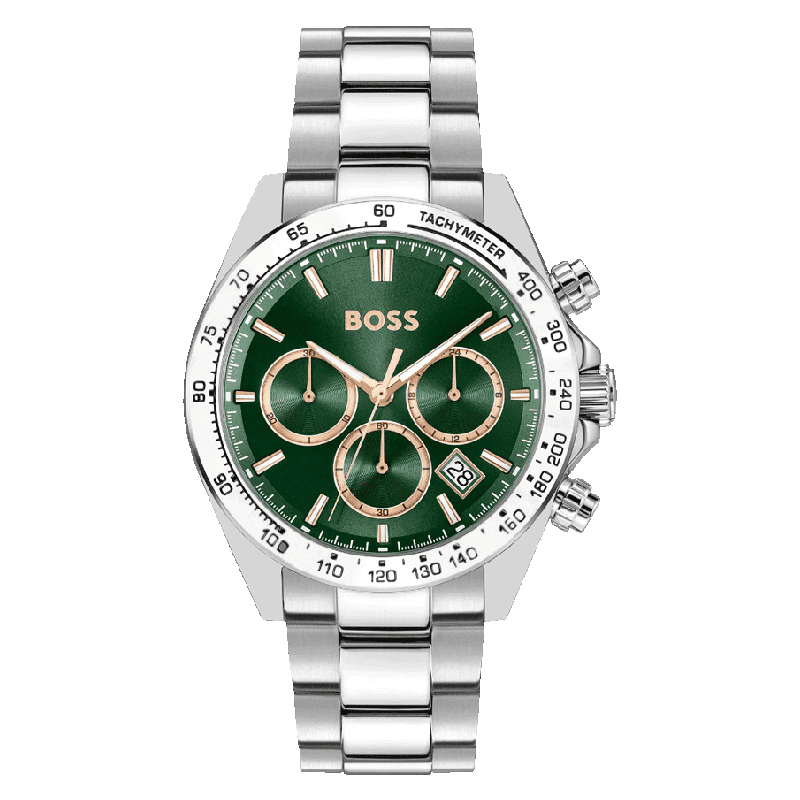 BOSS Men’s Hero 2.0 Quartz Chronograph Green Dial Silver Stainless Steel 44mm Watch 1514268