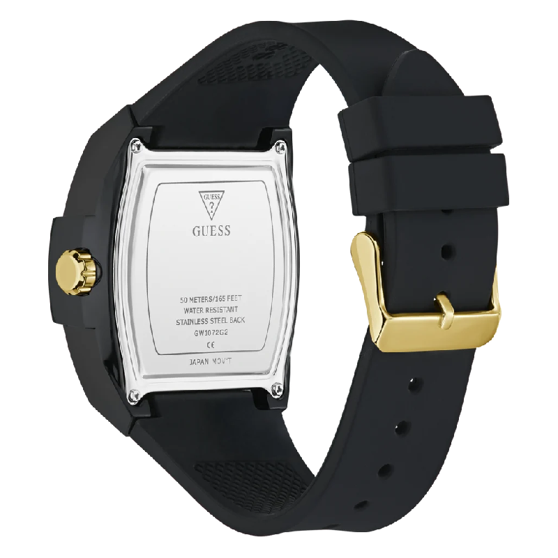 GUESS Men’s Venix Quartz Black Dial Gold-Logo Black Silicone Strap Rectangular 42mm Watch GW1072G2 - Image 4
